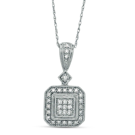 0.17 CT. T.W. Composite Natural Diamond Cushion Frame Antique Vintage-Style Pendant in 10K White Gold