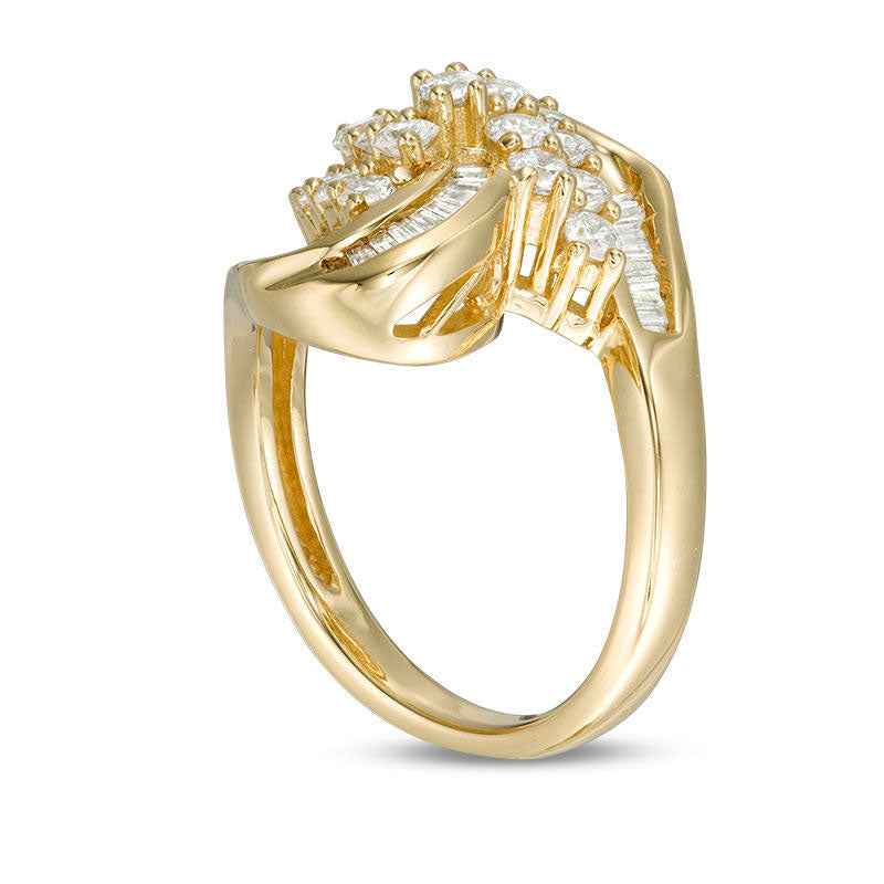 1.0 CT. T.W. Baguette and Round Natural Diamond Cluster Twist Ribbon Ring in Solid 10K Yellow Gold