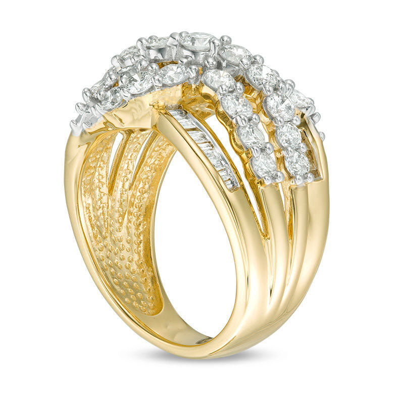 1.5 CT. T.W. Baguette and Round Natural Diamond Multi-Row Crossover Ring in Solid 10K Yellow Gold