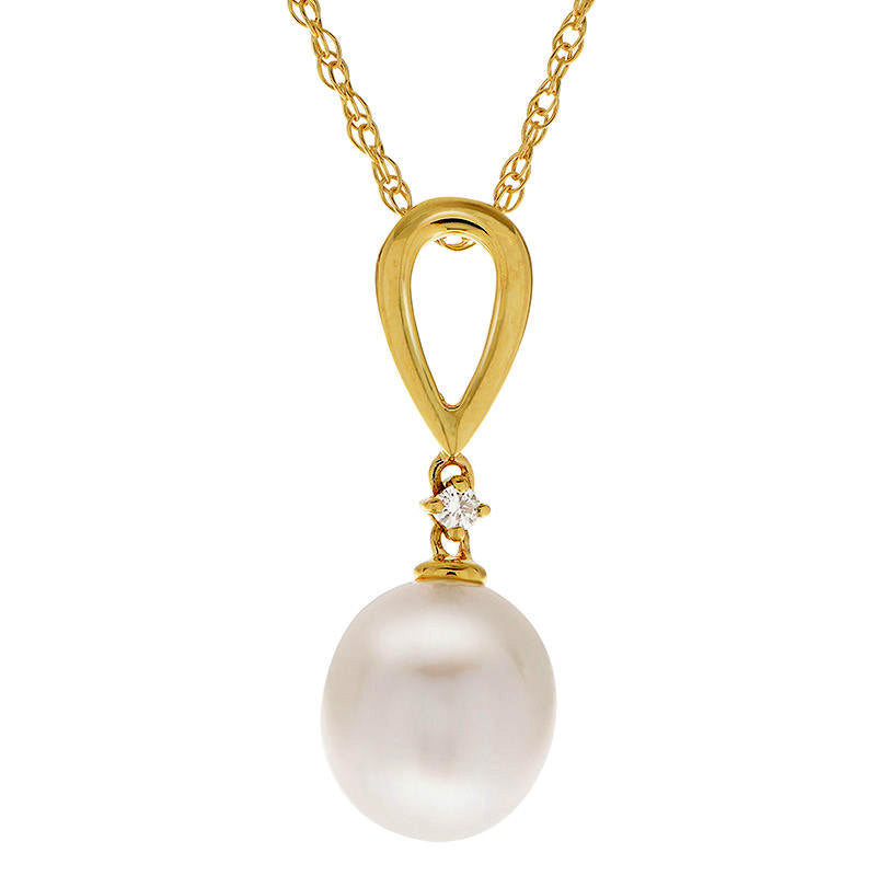 8.0 - 9.0mm Oval Cultured Freshwater Pearl and Natural Diamond Accent Loop drop Pendant in 14K Gold