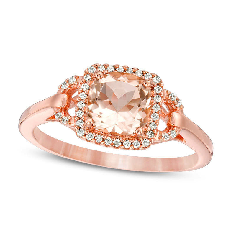 6.0mm Cushion-Cut Morganite and 0.13 CT. T.W. Natural Diamond Frame Buckle Engagement Ring in Solid 10K Rose Gold