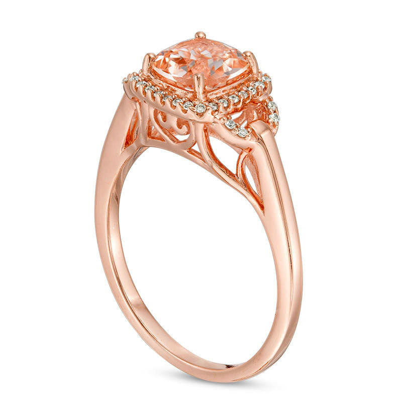 6.0mm Cushion-Cut Morganite and 0.13 CT. T.W. Natural Diamond Frame Buckle Engagement Ring in Solid 10K Rose Gold