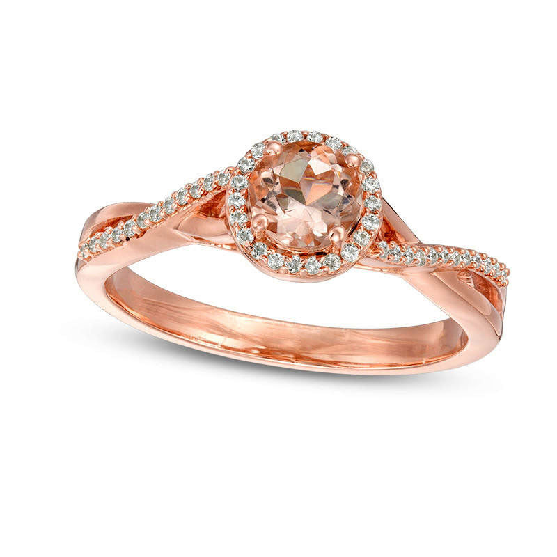 5.0mm Morganite and 0.10 CT. T.W. Natural Diamond Frame Twist Shank Engagement Ring in Solid 10K Rose Gold