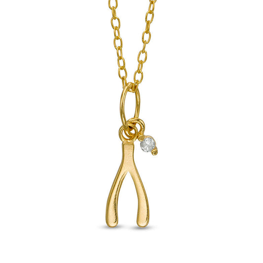 Natural Clarity Enhanced Accent Solitaire Dangle Wishbone Pendant in Sterling Silver with 18K Gold Plate