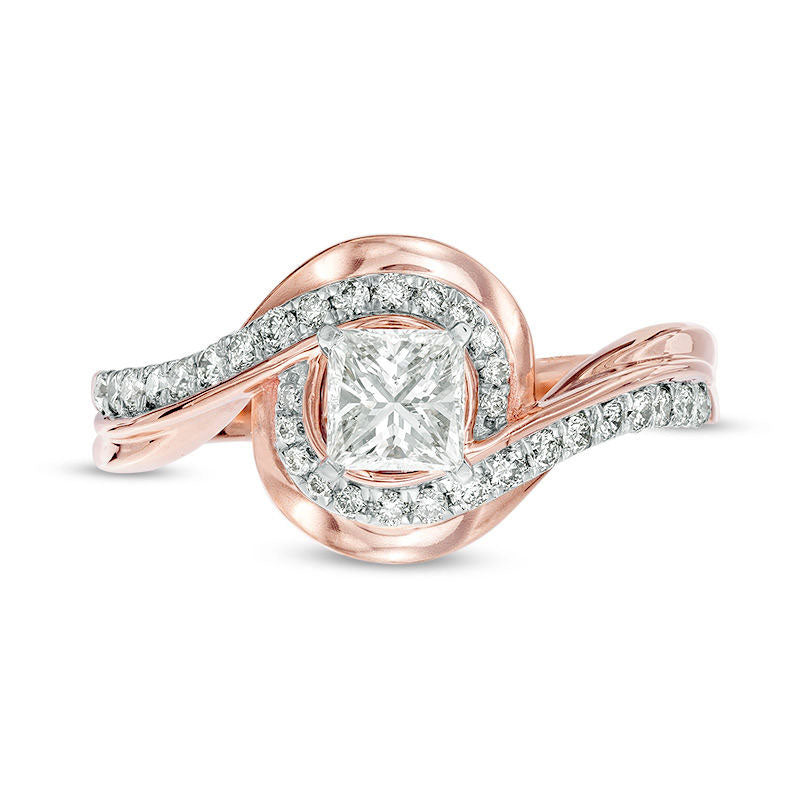 0.75 CT. T.W. Princess-Cut Natural Diamond Bypass Swirl Engagement Ring in Solid 10K Rose Gold