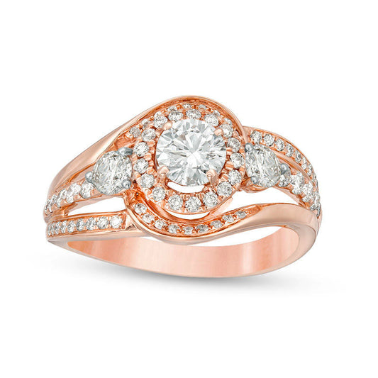 1.25 CT. T.W. Natural Diamond Three Stone Frame Bypass Swirl Engagement Ring in Solid 10K Rose Gold