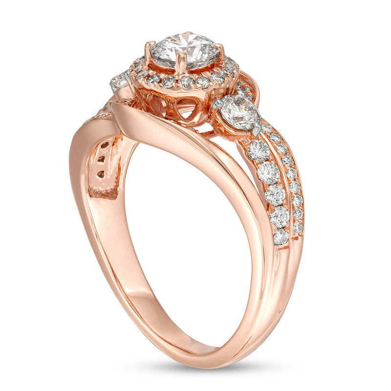 1.25 CT. T.W. Natural Diamond Three Stone Frame Bypass Swirl Engagement Ring in Solid 10K Rose Gold