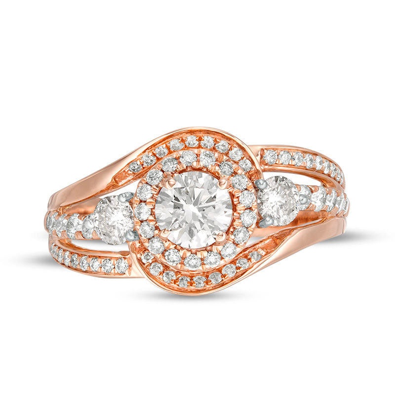 1.25 CT. T.W. Natural Diamond Three Stone Frame Bypass Swirl Engagement Ring in Solid 10K Rose Gold