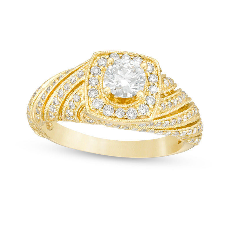 1.0 CT. T.W. Natural Diamond Cushion Frame Spiral Shank Antique Vintage-Style Engagement Ring in Solid 10K Yellow Gold