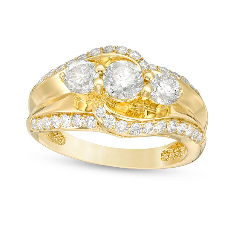 1.5 CT. T.W. Natural Diamond Three Stone Bypass Engagement Ring in Solid 10K Yellow Gold