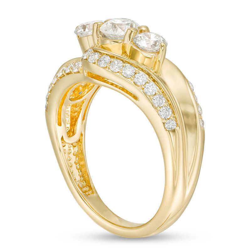 1.5 CT. T.W. Natural Diamond Three Stone Bypass Engagement Ring in Solid 10K Yellow Gold