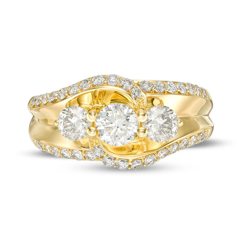 1.5 CT. T.W. Natural Diamond Three Stone Bypass Engagement Ring in Solid 10K Yellow Gold