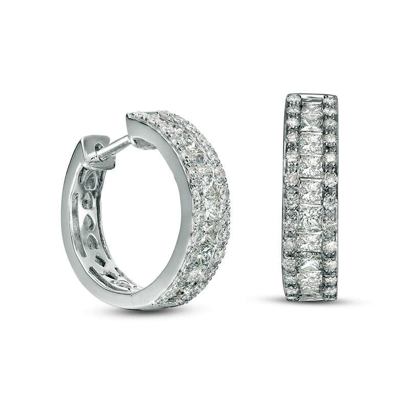 1.5 CT. T.W. Princess-Cut and Round Diamond Multi-Row Huggie Hoop Earrings in 14K White Gold