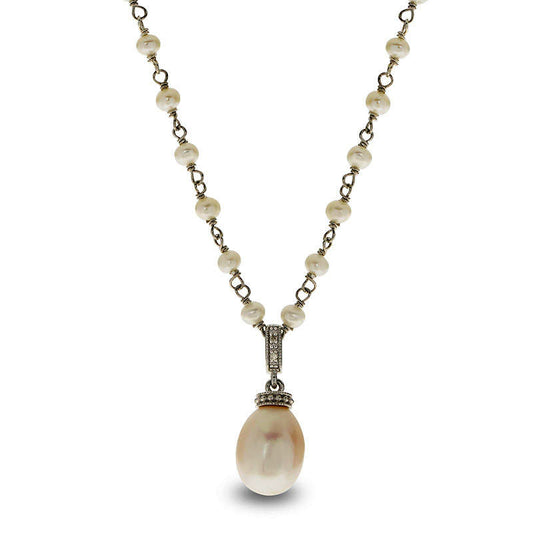 Baroque and Oval Cultured Freshwater Pearl and Natural Diamond Accent Antique Vintage-Inspired Pendant in Sterling Silver