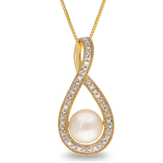 7.0 - 7.5mm Button Cultured Freshwater Pearl and Natural Diamond Accent Twist Antique Vintage-Style Pendant in 14K Gold