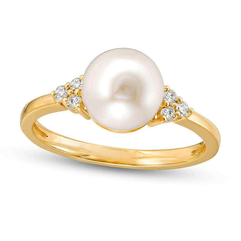 7.5 - 8.0mm Cultured Freshwater Pearl and Natural Diamond Accent Tri-Sides Ring in Solid 14K Gold