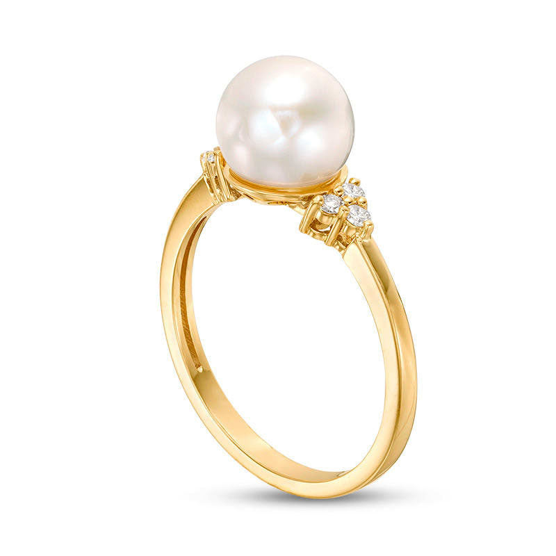 7.5 - 8.0mm Cultured Freshwater Pearl and Natural Diamond Accent Tri-Sides Ring in Solid 14K Gold