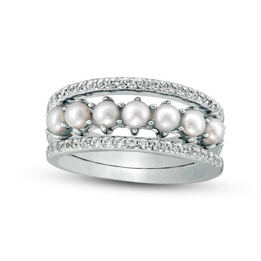 Oval Cultured Freshwater Pearl and White Topaz Three Piece Stackable Band Set in Sterling Silver