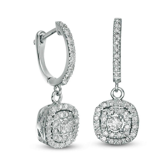 0.88 CT. T.W. Diamond Double Cushion Frame Drop Earrings in 14K White Gold