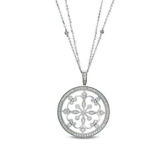 1 CT. T.W. Natural Diamond Filigree Antique Vintage-Style Medallion Pendant in 14K White Gold