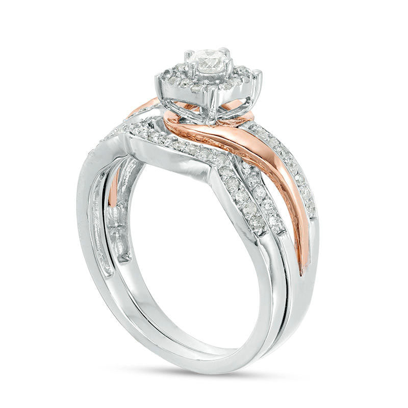 0.50 CT. T.W. Natural Diamond Square Frame Bypass Bridal Engagement Ring Set in Solid 10K Two-Tone Gold