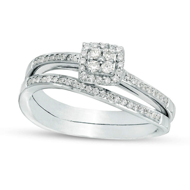 0.33 CT. T.W. Quad Natural Diamond Frame Bridal Engagement Ring Set in Solid 10K White Gold