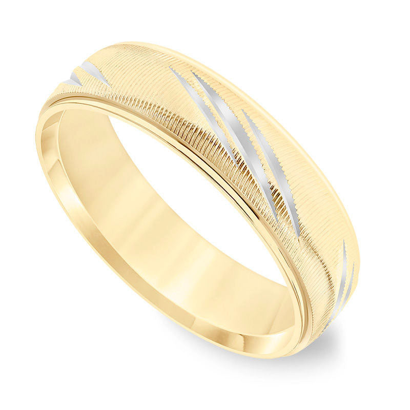 Men's 6.0mm Comfort-Fit Swiss-Cut Etched Wedding Band in Solid 14K Gold