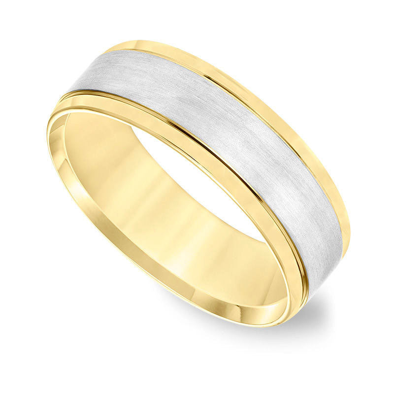 Men's 7.0mm Comfort-Fit Brushed Center Wedding Band in Solid 14K Two-Tone Gold