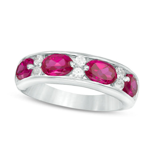 Oval Lab-Created Ruby and White Sapphire Alternating Band in Sterling Silver