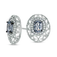 Oval Lab-Created Grey Spinel and White Sapphire Filigree Frame Stud Earrings in Sterling Silver