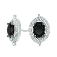 Oval Lab-Created Black Sapphire and 0.05 CT. T.W. Diamond Bead Bypass Swirl Frame Stud Earrings in Sterling Silver