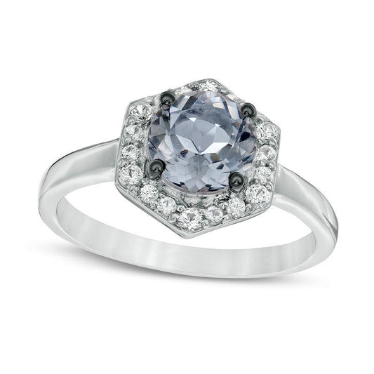 7.0mm Lab-Created Grey Spinel and White Sapphire Hexagon Frame Ring in Sterling Silver