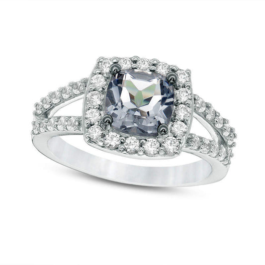 7.0mm Cushion-Cut Lab-Created Grey Spinel and White Sapphire Frame Split Shank Ring in Sterling Silver