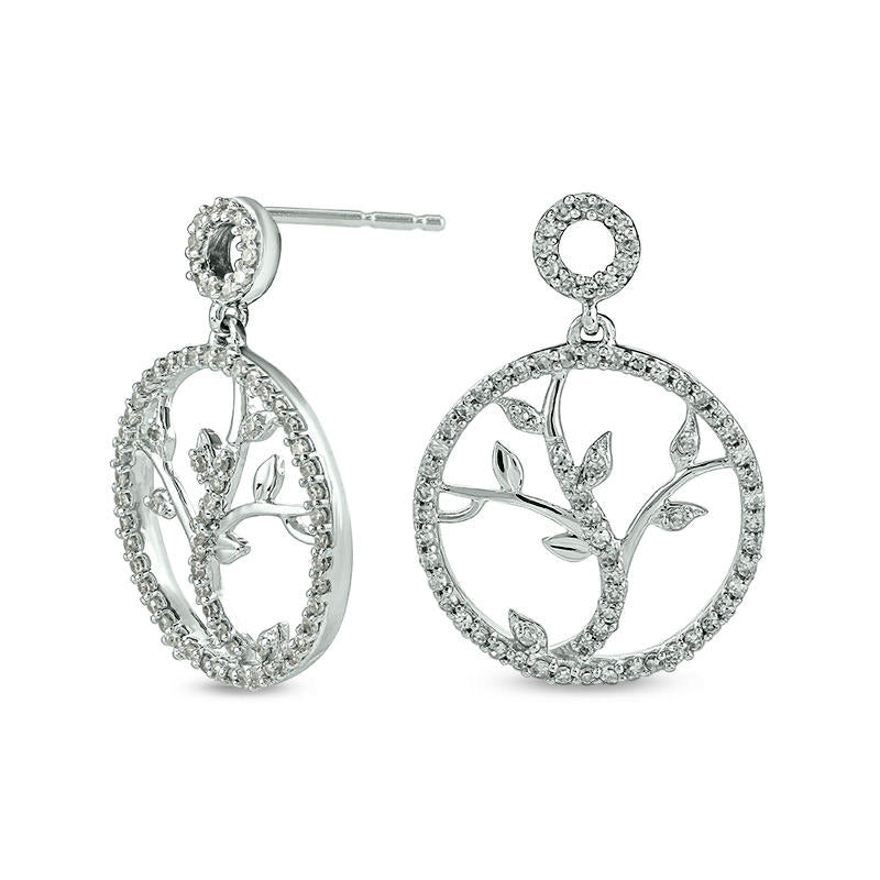 0.25 CT. T.W. Diamond Vine Cut-Out Circle Drop Earrings in 10K White Gold