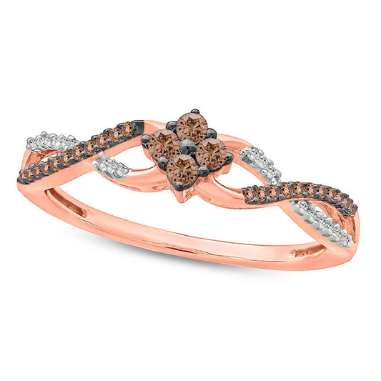 0.20 CT. T.W. Quad Champagne and White Natural Diamond Twist Promise Ring in Solid 10K Rose Gold