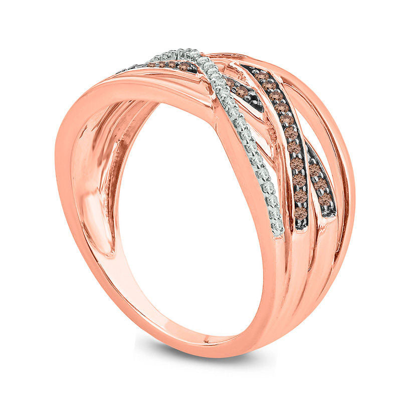 0.25 CT. T.W. Champagne and White Natural Diamond Layered Crossover Ring in Sterling Silver with Solid 14K Rose Gold Plate