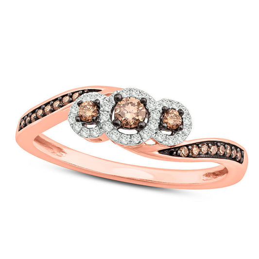 0.25 CT. T.W. Champagne and White Natural Diamond Three Stone Frame Bypass Promise Ring in Solid 10K Rose Gold