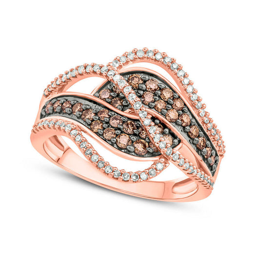 0.88 CT. T.W. Champagne and White Natural Diamond Layered Bypass Ring in Solid 10K Rose Gold