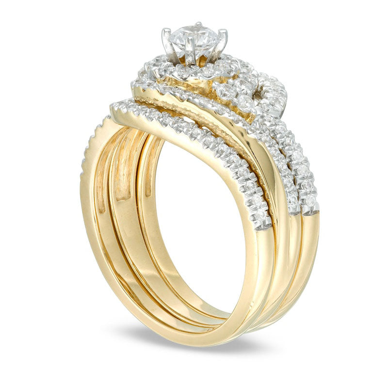 1.0 CT. T.W. Natural Diamond Bypass Swirl Frame Three Piece Bridal Engagement Ring Set in Solid 14K Gold