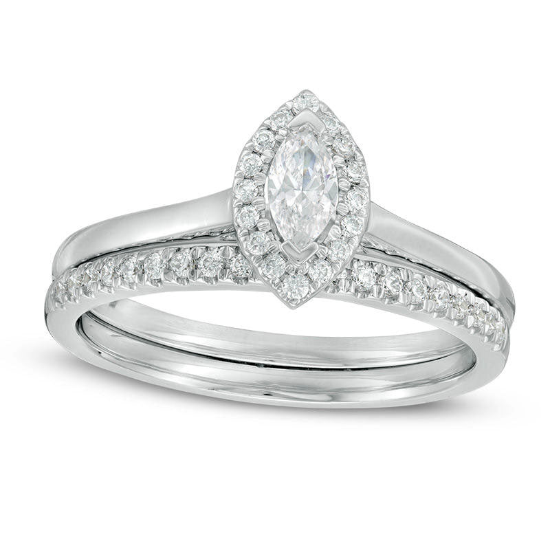 0.33 CT. T.W. Marquise Natural Diamond Frame Bridal Engagement Ring Set in Solid 14K White Gold