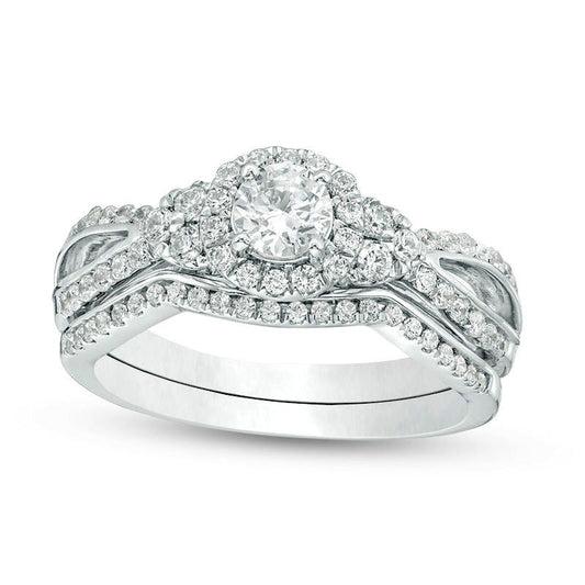 0.75 CT. T.W. Natural Diamond Frame Tri-Sides Bridal Engagement Ring Set in Solid 10K White Gold