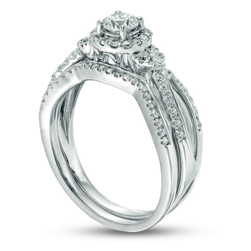 0.75 CT. T.W. Natural Diamond Frame Tri-Sides Bridal Engagement Ring Set in Solid 10K White Gold