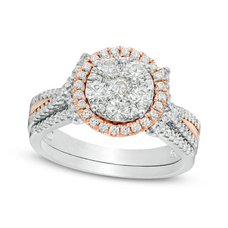 1.0 CT. T.W. Composite Natural Diamond Frame Twist Bridal Engagement Ring Set in Solid 10K Two-Tone Gold