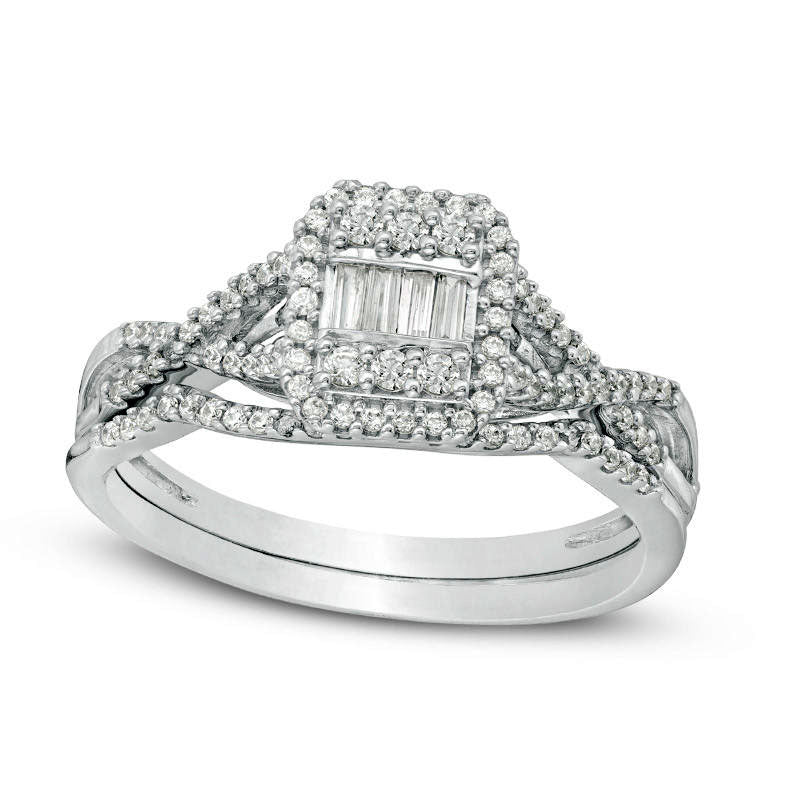 0.38 CT. T.W. Composite Natural Diamond Rectangle Frame Twist Bridal Engagement Ring Set in Solid 10K White Gold