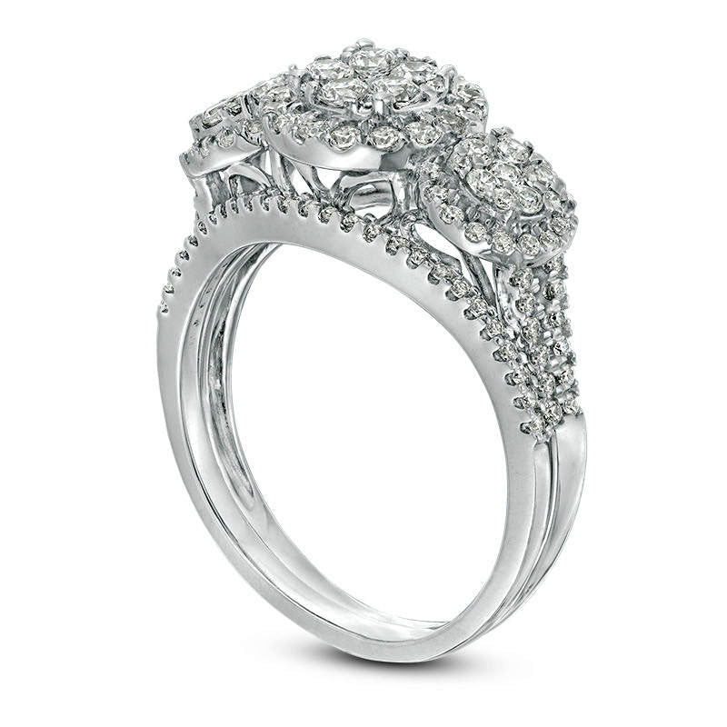 1.0 CT. T.W. Composite Natural Diamond Three Stone Frame Bridal Engagement Ring Set in Solid 10K White Gold