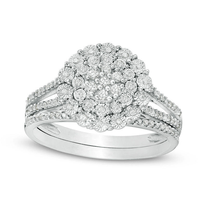 0.25 CT. T.W. Composite Natural Diamond Flower Bridal Engagement Ring Set in Sterling Silver