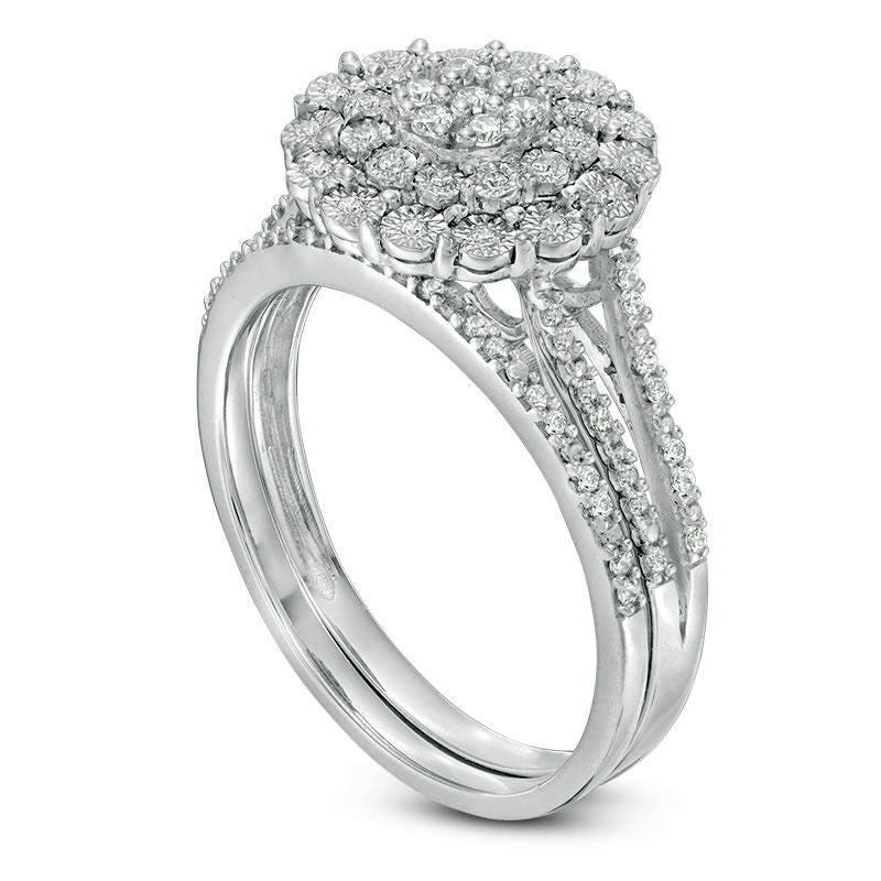 0.25 CT. T.W. Composite Natural Diamond Flower Bridal Engagement Ring Set in Sterling Silver