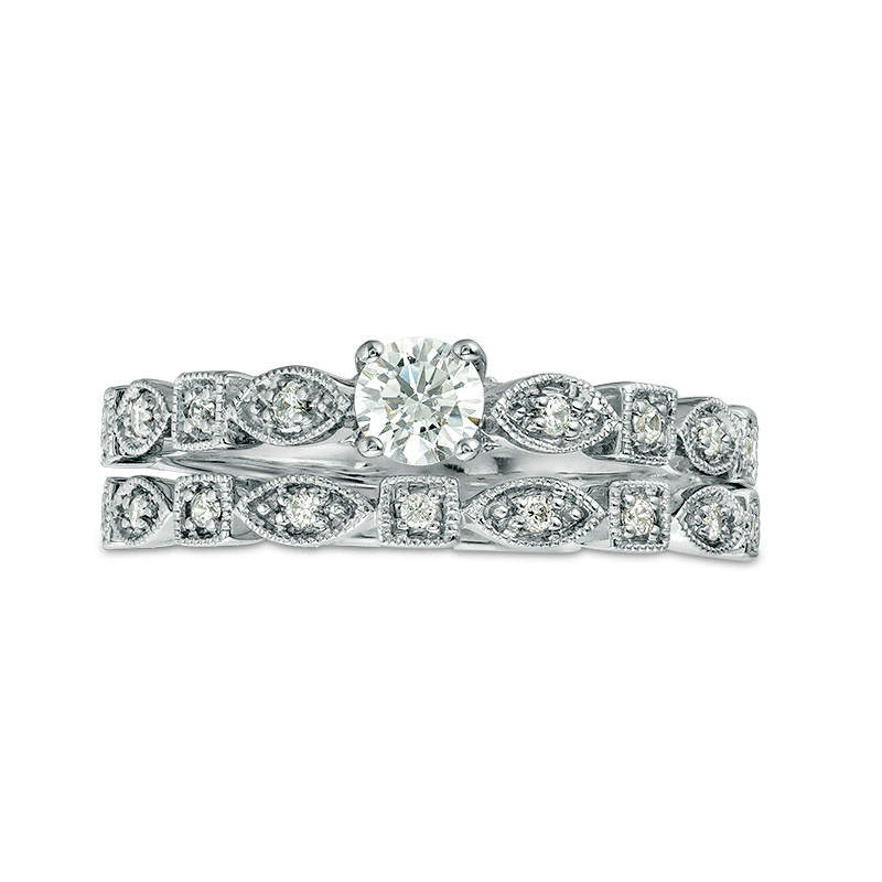 0.38 CT. T.W. Natural Diamond Alternating Antique Vintage-Style Bridal Engagement Ring Set in Solid 14K White Gold