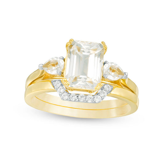 Emerald-Cut Lab-Created White Sapphire Three Stone Geometric Bridal Engagement Ring Set in Sterling Silver with Solid 14K Gold Plate