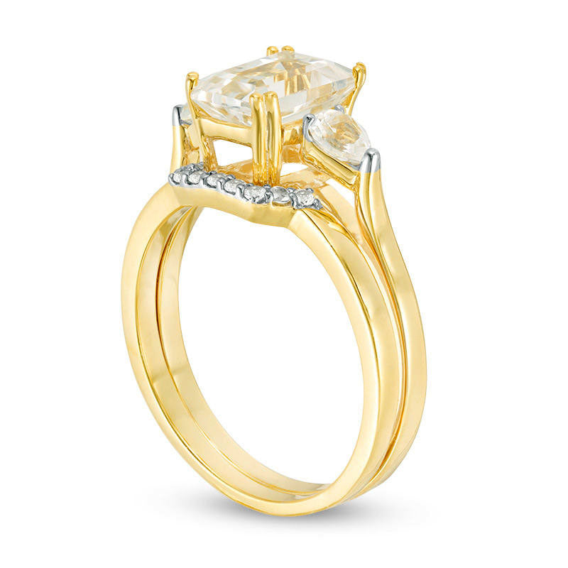 Emerald-Cut Lab-Created White Sapphire Three Stone Geometric Bridal Engagement Ring Set in Sterling Silver with Solid 14K Gold Plate